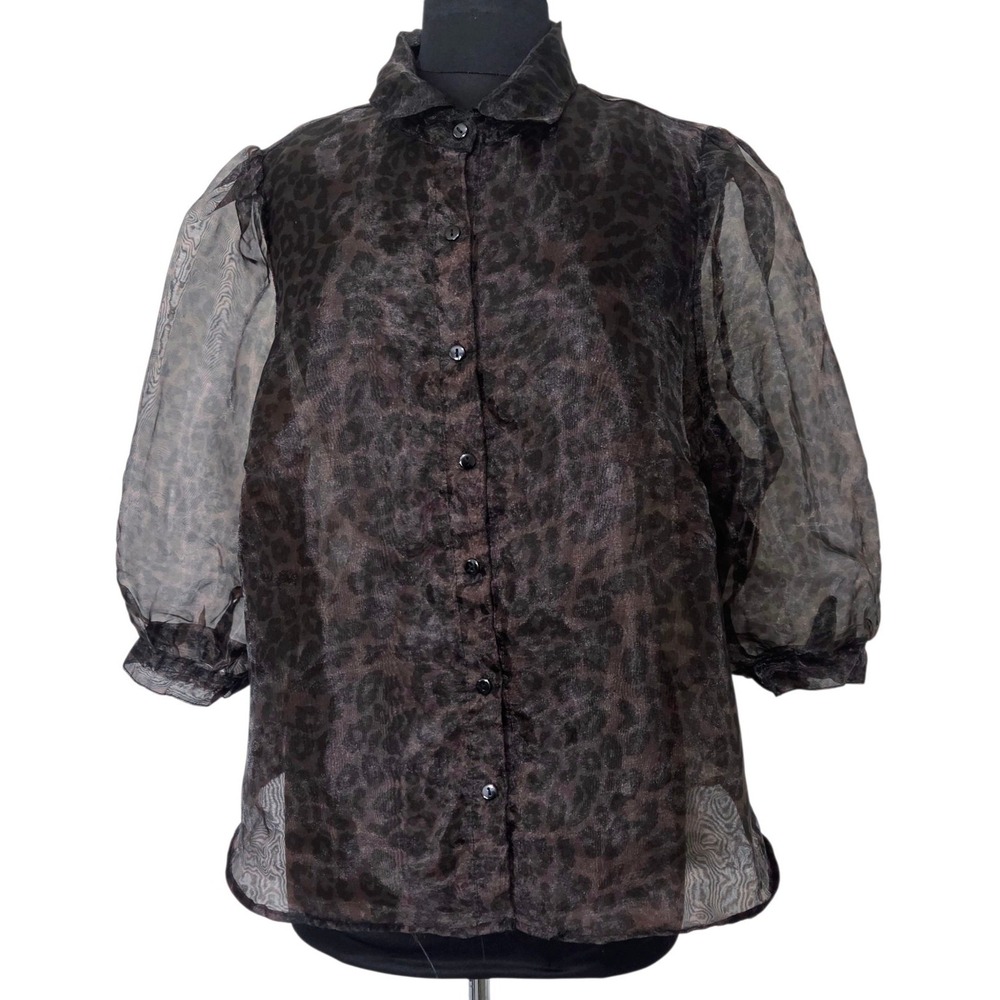 Sheer Organza Blouse Puff Sleeve Leopard Print Brown Black Size 1X Forever 21